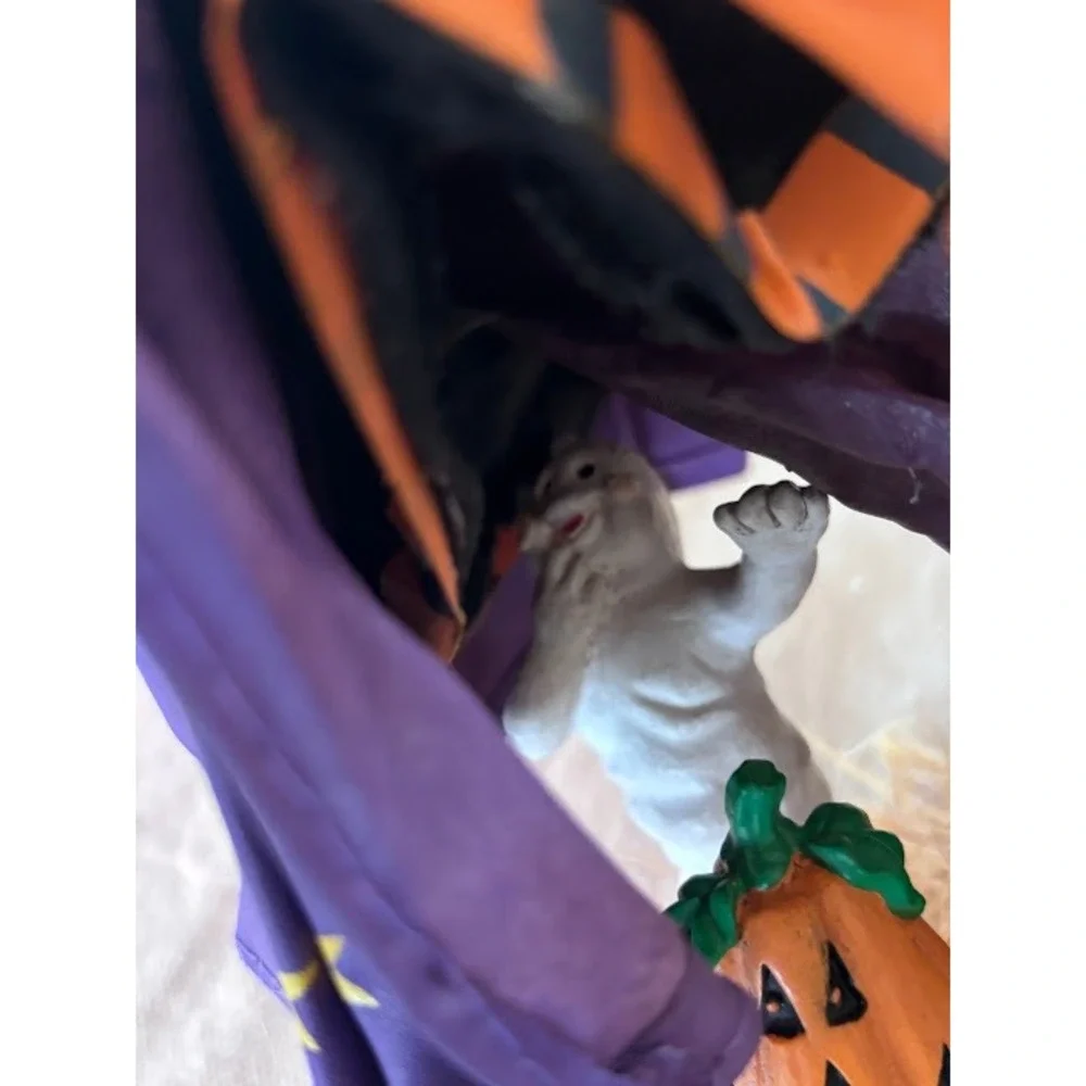 Vintage‎ Halloween Fabric Mache Witch Figurine with Broom, Ghost, and Pumpkin